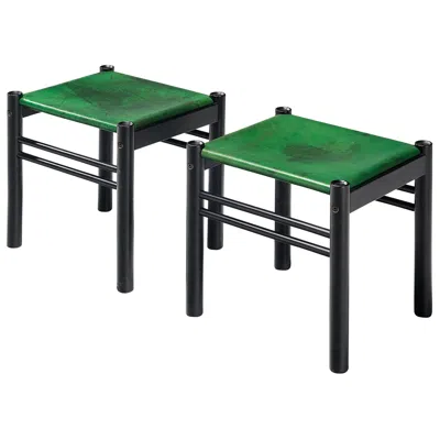 Pre-owned Ibisco Sedie Ibisco Italian Pair Of Stools In Green Saddle Leather And Black Lacquered Wood