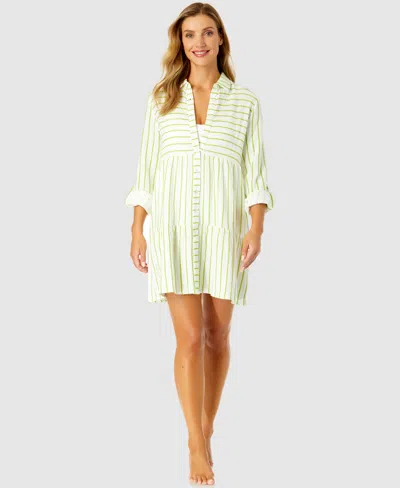 Ibiza Anne Cole Women's Button Front Quarter Sleeve Cover-up Tiered Tunic Dress In Lime And White