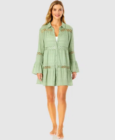 Ibiza Anne Cole Women's Button Up Bell Sleeve Crochet Trim Cover-up Tunic In Basil Green