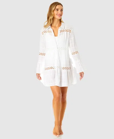 Ibiza Anne Cole Women's Button Up Bell Sleeve Crochet Trim Cover-up Tunic In Bright White