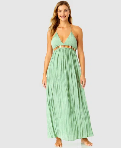 Ibiza Anne Cole Women's V-neck Jewel Halter Maxi Cover-up Dress In Basil Green