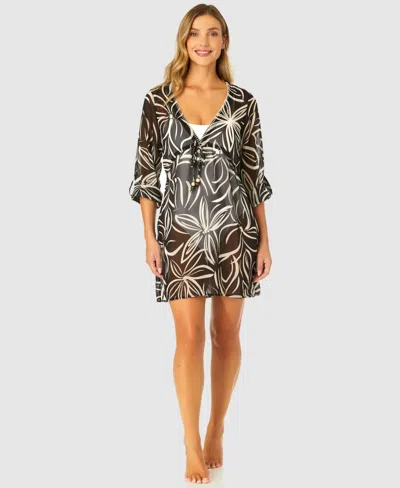 Ibiza Anne Cole Women's V-neck Roll-tab Swimsuit Cover-up Chiffon Dress In Black White Multi