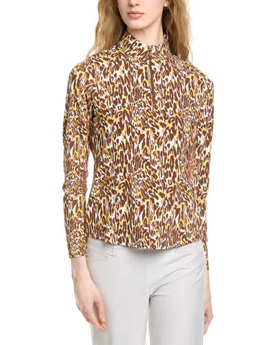 Ibkul Ruched Elbow Sleeve Mandarin Collar Top In Brown
