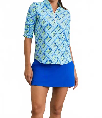 Ibkul Nina Ruched Elbow Sleeve Mandarin Collar Top In Blue Multi