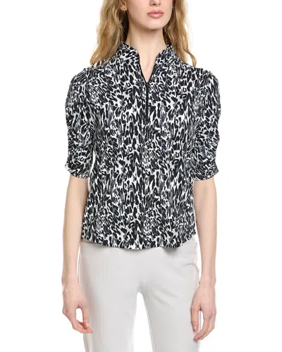 Ibkul Ruched Elbow Sleeve Mandarin Collar Top In Black