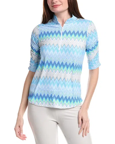 Ibkul Ruched Elbow Sleeve Mandarin Collar Top In Blue