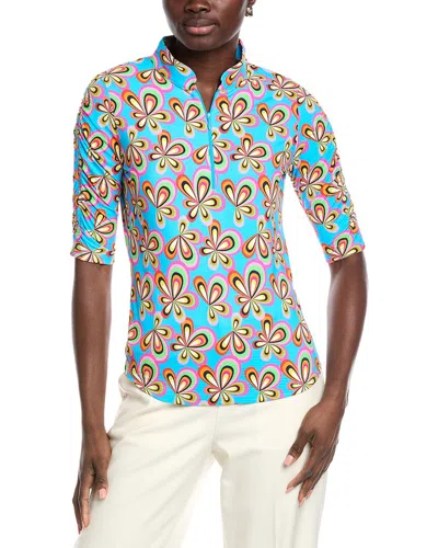 Ibkul Ruched Elbow Sleeve Mandarin Collar Top In Blue