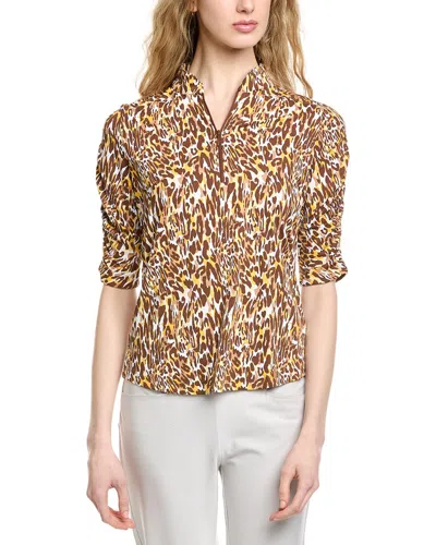 Ibkul Ruched Elbow Sleeve Mandarin Collar Top In Brown