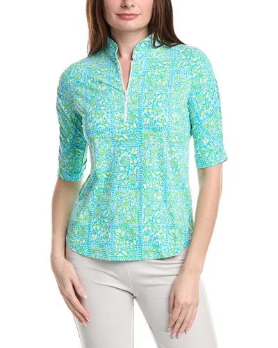 Ibkul Ruched Elbow Sleeve Mandarin Collar Top In Green