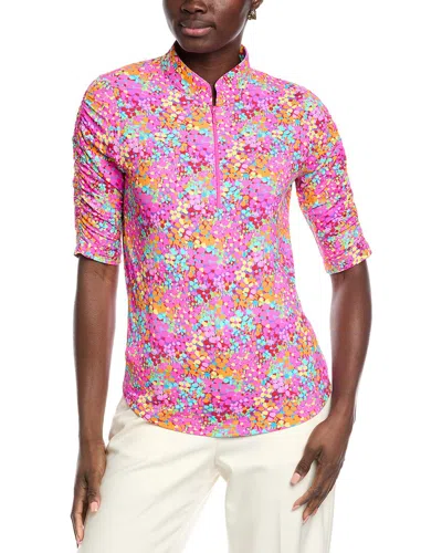 Ibkul Ruched Elbow Sleeve Mandarin Collar Top In Pink