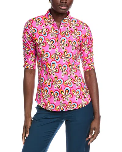 Ibkul Ruched Elbow Sleeve Mandarin Collar Top In Multi