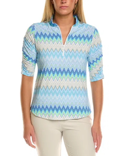 Ibkul Susan Print Ruched Elbow Sleeve Mandarin Collar Top In Seafoam Multi In Blue
