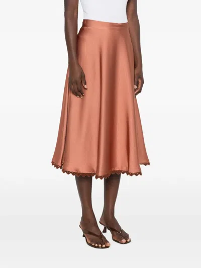 Iblues Lace-trim Satin-finish Midi Skirt In Brown