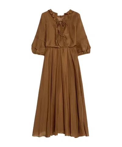 Iblues Long Silk-blend Dress In Brown