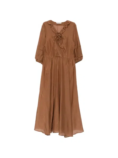 Iblues Ruffle-trimmed V-neck Midi Dress In Brown