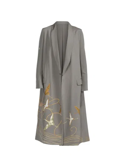 Ibrigu Irotomesode Bird-print Coat In Gray