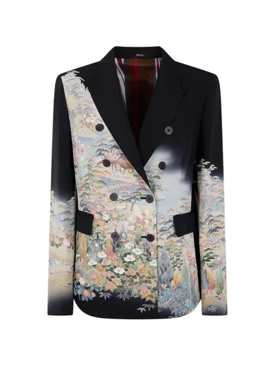 Ibrigu Landscape-print Double-breasted Blazer In Black