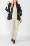 Ic Collection Stretch Rouched Sleeve Rouched Stand Neck Zip Up Jacket In Black/oyster