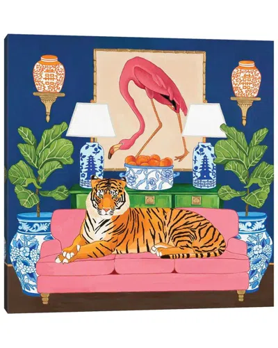 Icanvas Chinoiserie Tiger In The Living Room With Flamingo Ginger Jar And Fiddle Leaf Fig By Green Orchid Bo In Multi