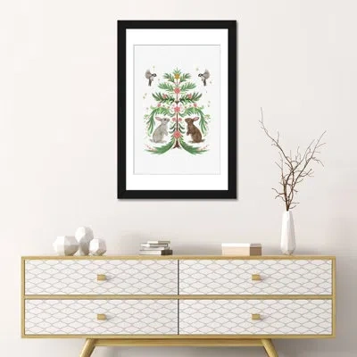 Icanvas Christmas Tree Rabbits Light - Wall Art Print - Framed Fine Art Paper In Black