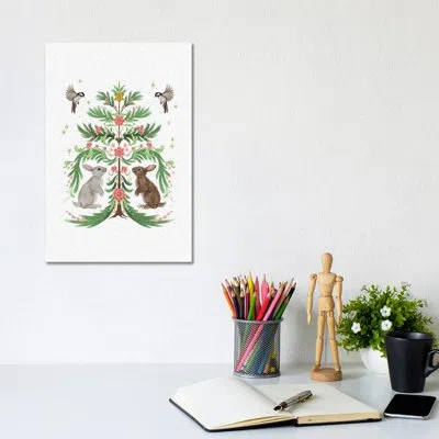 Icanvas Christmas Tree Rabbits Light - Wall Art Print - Wrapped Canvas In Olivine;turquoise;viking Blue
