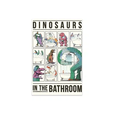 Icanvas Dinosaurs In The Bathroom Print On Acrylic Glass In White;gray;silver;turquoise;viking Blue