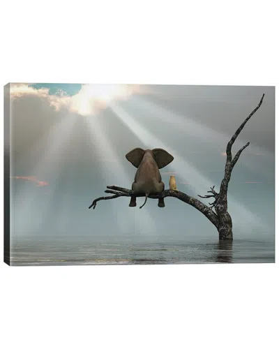 Icanvas Elephant And Dog Are Sitting On A Tree Fleeing A Flood By Mike Kiev Wall Art In Multi
