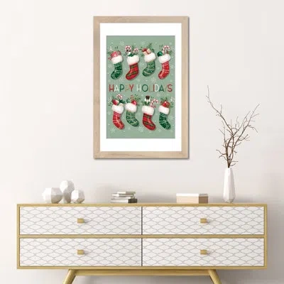 Icanvas Happy Holidays Stockings Ii - Wall Art Print - Framed Fine Art Paper In Beige