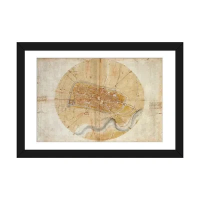 Icanvas 'map Of Imola, 1502' By Leonardo Da Vinci - Wrapped Canvas Graphic Art Print In Black Framed Paper,white