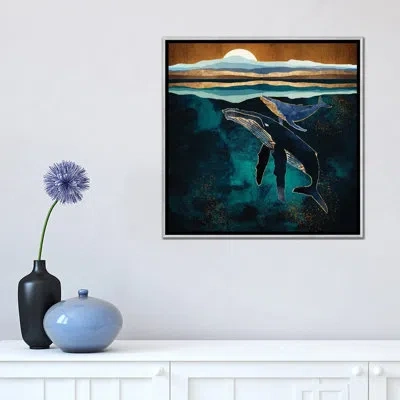 Icanvas Moonlit Whales - Graphic Art Print In Silver Framed Canvas,no Matte