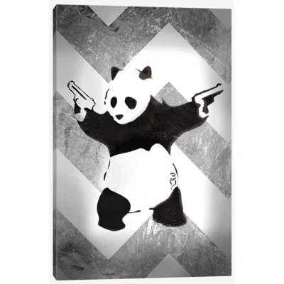 Icanvas 'panda With Guns On Silver Chevron' By 5by5collective Graphic Art On Wrapped Canvas In No Mat,wrapped Canvas