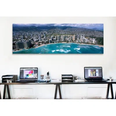 Icanvas Panoramic Aerial View Of A City, Waikiki Beach, Honolulu, Oahu, Hawaii Photographic Print On Canvas In Black;astral Blue;jordy Blue;moody Blue;