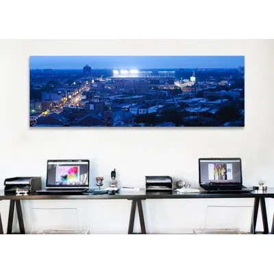 Icanvas Panoramic Aerial View Of A City, Wrigley Field, Chicago, Illinois Photographic Print On Canvas In Black;purple;azure Blue;royal Blue;smalt