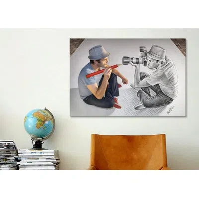 Icanvas 'pencil With Camera 73 Illustrator Vs Photographer' By Ben Heine Graphic Art On Wrapped Canvas In No Mat,wrapped Canvas