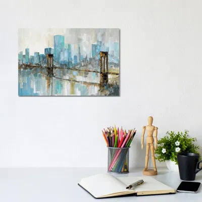 Icanvas Teal City Shadows By Ruane Manning - Painting Print In No Matte,wrapped Canvas