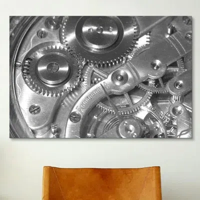 Icanvas Watch Mechanism Photographic Print On Wrapped Canvas In White;gray;silver;spring Leaves