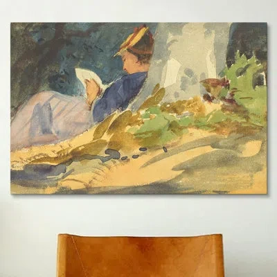 Icanvas Woman Reading A Book In Nature Painting Print On Wrapped Canvas In No Mat,wrapped Canvas
