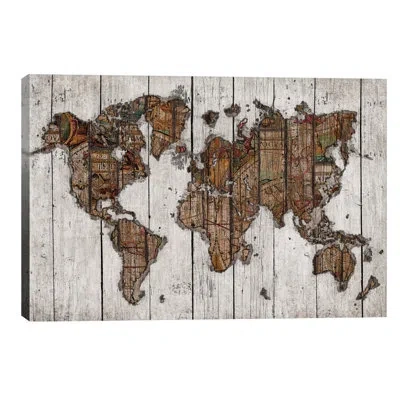 Icanvas 'wood Map' Graphic Art Print On Wrapped Canvas In Black Framed Canvas