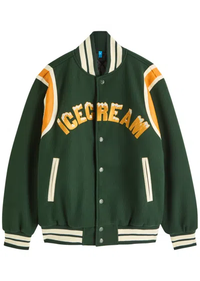 Ice Cream Drippy Padded Felt Varsity Jacket In Green