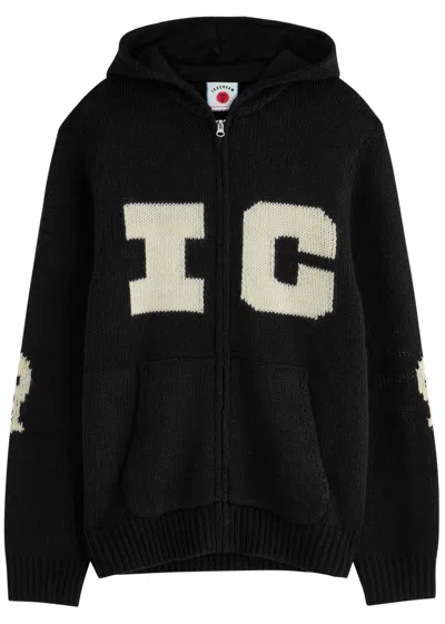 Ice Cream Running Dog Intarsia Hooded Knitted Jumper In Black