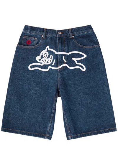 Ice Cream Running Dog Printed Denim Shorts In Indigo
