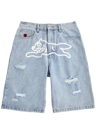 Ice Cream Running Dog Printed Denim Shorts In Light Blue