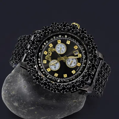Pre-owned Ice House 18k Black Gold Diamond Time Piece Custom Flower Bezel Band 55 Mm  Watch