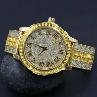 Pre-owned Ice House 18k Gold Canary Tone Roman Numeral Dial Simulate Diamond Solid Steel Bezel Watch