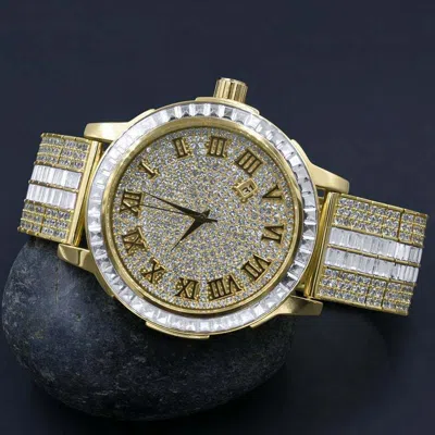 Pre-owned Ice House 18k Gold Finish Roman Numerals Dial Simulated Diamonds Solid Steel Bezel Watch