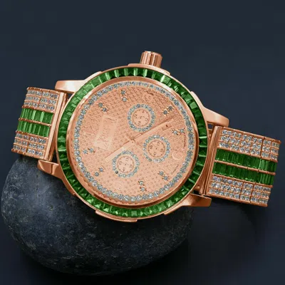 Pre-owned Ice House 18k Rose Gold Diamond Dial Emerald Green Custom Solid Steel Bezel Band Men Watch