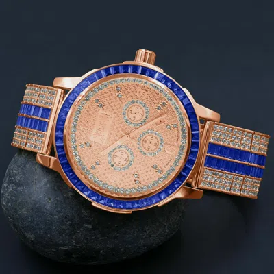 Pre-owned Ice House 18k Rose Gold Diamond Sapphire Blue Baguette Watch Solid Steel Solitaire Bezel