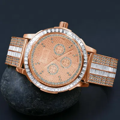 Pre-owned Ice House 18k Rose Gold Finish Genuine Diamond Custom Solid Steel Bezel Band Watch W/date