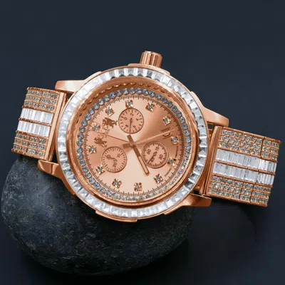 Pre-owned Ice House 18k Rose Gold Finish Genuine Diamond Solid Steel Bezel Custom Band Men's Watch