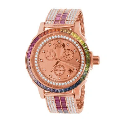 Pre-owned Ice House 18k Rose Gold Tone Solid Steel Bezel Real Diamond Dial Rainbow Multi Tone Watch